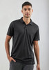 A black short sleeve polo shirt with a collar, featuring a subtle design and a logo on the chest.