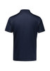 A navy blue short sleeve polo shirt featuring a logo on the back.