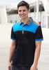 A short sleeve polo shirt in black with blue and grey accents, featuring a collar and buttons, with a logo present.