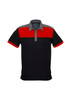 A short sleeve polo shirt in black with red and grey sections, featuring a collar and a logo.