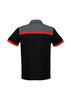 A short sleeve polo shirt in black with grey and red accents, featuring a logo on the back.