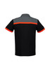 A black short sleeve polo shirt featuring grey and orange stripes. The shirt has a branding logo on it.