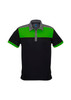A black short sleeve polo shirt with bright green and grey accents, featuring a collar and a logo.