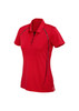 A red women's short sleeve polo shirt with a sleek design and branding.