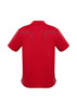 A red men's short sleeve polo shirt featuring a subtle design element and a logo. Back view displayed.