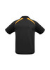 A black short sleeve polo shirt featuring yellow splice detailing and a logo on the front.