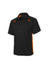 A black polo shirt with orange accents and a logo, featuring short sleeves and a collared neck.