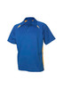A blue polo shirt with yellow accents and a logo on the chest. Short sleeves and a collared neckline.