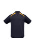 A navy blue kids' short sleeve polo shirt with yellow accents and a logo on the back.