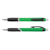 A green plastic pen with a black grip and silver accents, featuring a logo on the barrel.