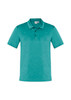 A turquoise short sleeve polo shirt with a collar and a logo on the chest.
