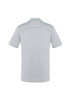 A grey short sleeve polo shirt with a smooth back design and a logo on the upper back.