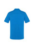 A blue short sleeve polo shirt featuring a textured design and a logo on the back.
