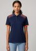 A navy blue women's short sleeve polo shirt with orange accents and a patterned design on the shoulders.