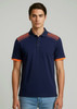 A navy blue short sleeve polo with orange accents on the shoulders and sleeves, featuring a logo.
