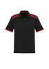 A black short sleeve polo shirt featuring red accents and a checkered pattern on the shoulders. It has a logo.