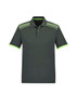 A men's short sleeve polo shirt in dark green with patterned shoulder details and lime green accents. It features a logo.