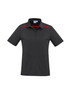 A women's short sleeve polo shirt in dark grey with red accents and a small logo on the chest.