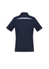 A navy women's short sleeve polo shirt featuring a back design and a logo.
