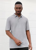 A grey short sleeve polo shirt for men with a subtle design and a logo.