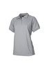 A grey women's short sleeve polo shirt with a collar and a logo.