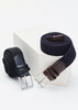 A unisex casual belt set featuring a black woven belt and a dark blue woven belt with silver buckles.