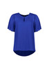 A blue women's short sleeve blouse with a keyhole detail and a flowing hemline. It features a logo.