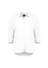 A white women's blouse with 3/4 sleeves and a button-up front. It features a collar and a curved hemline.