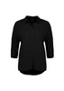 A black women's 3/4 sleeve blouse with button closure and a relaxed fit. Features a collar and a logo.
