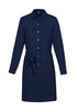 A navy blue dress with a button-up front, two chest pockets, and a tie belt at the waist. It has long sleeves.