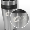 A travel mug with a stainless steel body, black lid, and a logo printed on the surface.