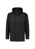 A black men's jacket with a hood, featuring a zip and button front closure, and a breast pocket.