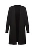 A black longline cardigan with an open front and long sleeves, featuring a subtle logo.
