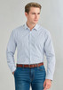 A long sleeve button-up shirt featuring a navy and white check pattern, paired with denim jeans and a brown belt.
