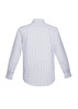A long-sleeve button-up shirt in a blue and white check pattern, featuring a collar and a logo.