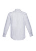 A men's long sleeve button-up shirt in a blue and white check pattern, featuring a rear view and a logo.