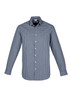 A long sleeve button-up shirt in navy and white check pattern, featuring a crisp collar and a logo on the chest.