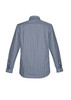 A long sleeve button-up shirt featuring a navy blue and white checkered pattern, with a logo on the back.