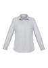 A light grey women's button-up shirt with long sleeves and a standard collar, featuring a small logo.