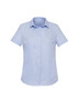 A light blue women's short sleeve button-up shirt featuring a classic collar and a logo.