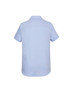 A light blue women's short sleeve shirt with a button-up design and a collar. Features a logo.