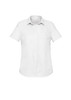 A short sleeve, button-up shirt in white with a collar. Features a logo on the side.