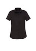 A black women's short sleeve button-up shirt with a classic collar and a sleek design. Features a logo.
