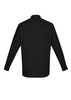 A black men's button-up shirt with long sleeves and a collar, featuring a logo on the back.