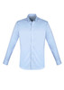 A light blue long sleeve button-up shirt with a collar and a logo. The shirt features a classic fit design.