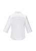 A white women's luxe 3/4 sleeve button-up shirt, featuring a classic collar and a smooth back design.