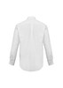 A white long sleeve button-up shirt featuring a standard collar and cuffed sleeves, with a logo on the back.