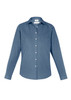 A blue long sleeve button-up shirt with a collar and a branded tag on the neckline.
