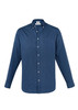 A navy long sleeve button-up shirt with a collar and a logo on the chest.