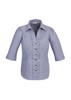 A blue and white striped women's 3/4 sleeve button-up shirt with puffed sleeves and a ruffled front.